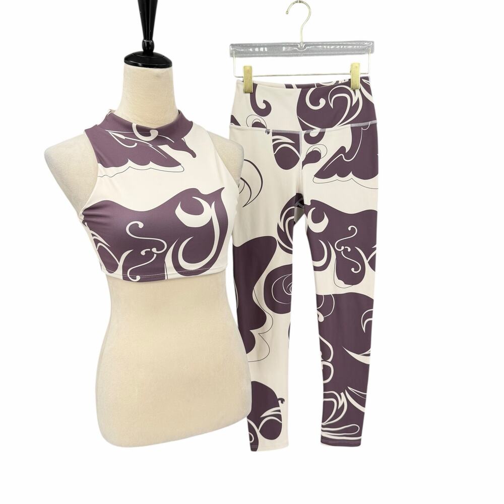 Noli Sz S Wine Cream Abstract Print Mock Neck Crop Top Yoga Barre Legging Set